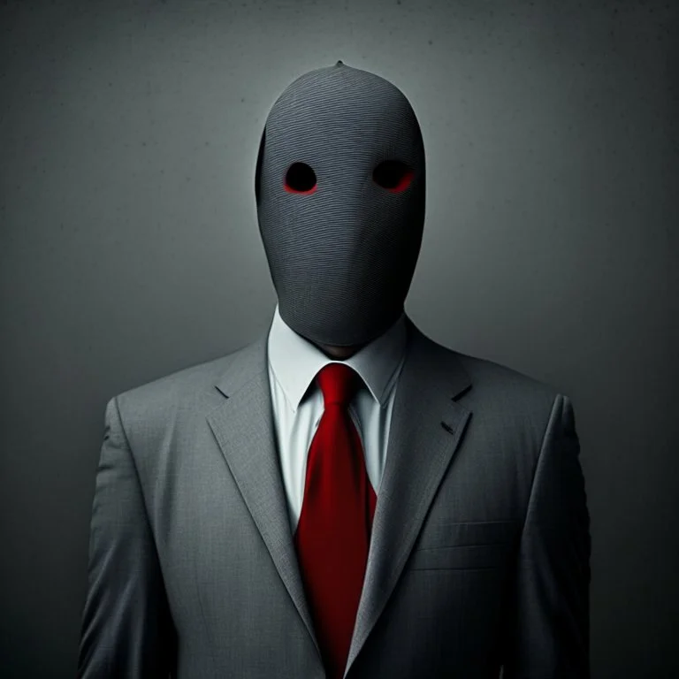 a man wearing a grey suit with a red tie who has no face