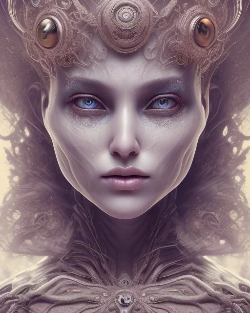 Phorcides portrait, the queen of uncanny valley, large doll-like eyes, corset, intricate metal work crown, multiple sets of eyes on face, 8k resolution concept art, dynamic lighting, intricately detailed, hyperdetailed, beautiful, ethereal, golden hour, (extra eyes), gothic, creepy, unsettling, disfigured