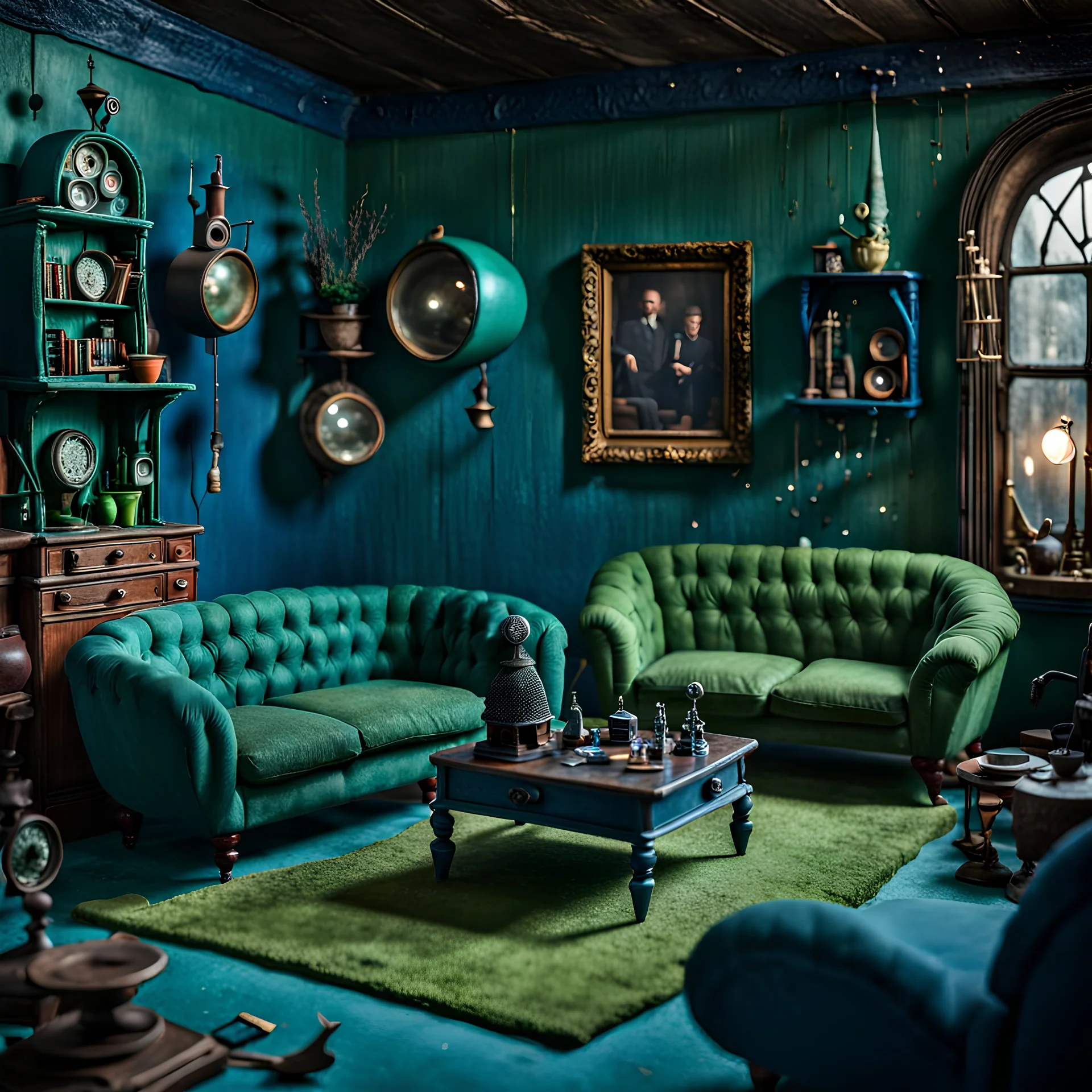 Detailed cozy living-room made of modeling clay, odd furnitures, naïve, strong texture, Tim Burton, TV studio 1950's shot, extreme detail, Max Ernst, green and blue moody colors, sparkles, Harry Potter, odd