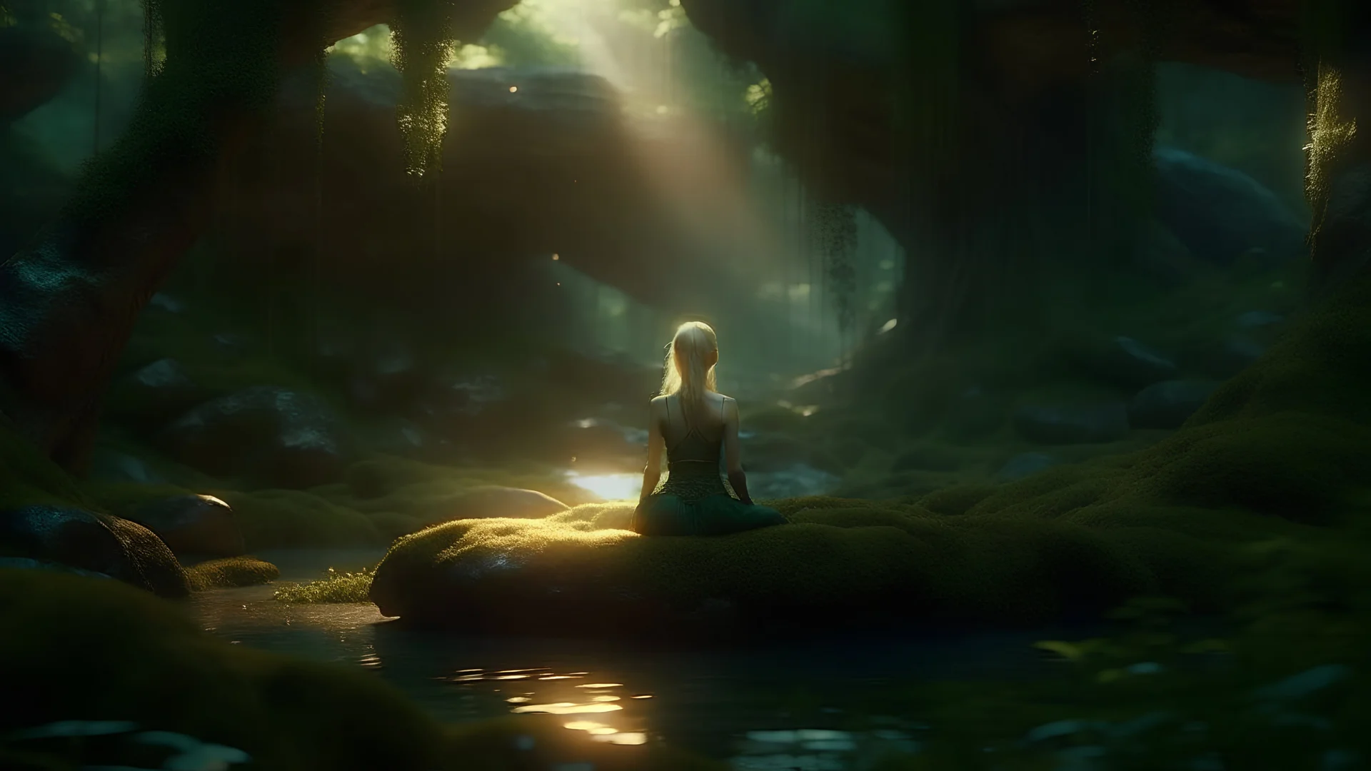 beautiful female elves meditating in harmony, and a mystical dark green turf hut hidden deep in a valley, surrounded by towering trees and a babbling brook, with a hint of green forestry in 12K