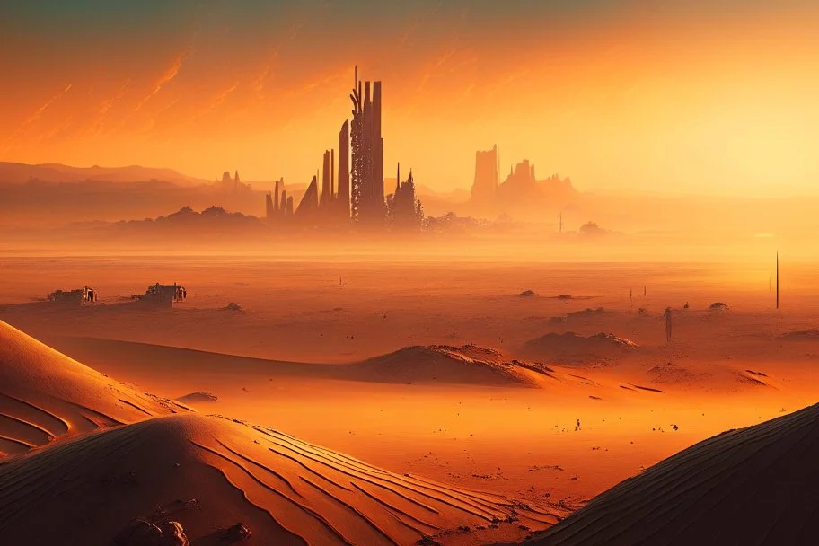 sunrise, distant city, sand, arid land, epic, sci-fi