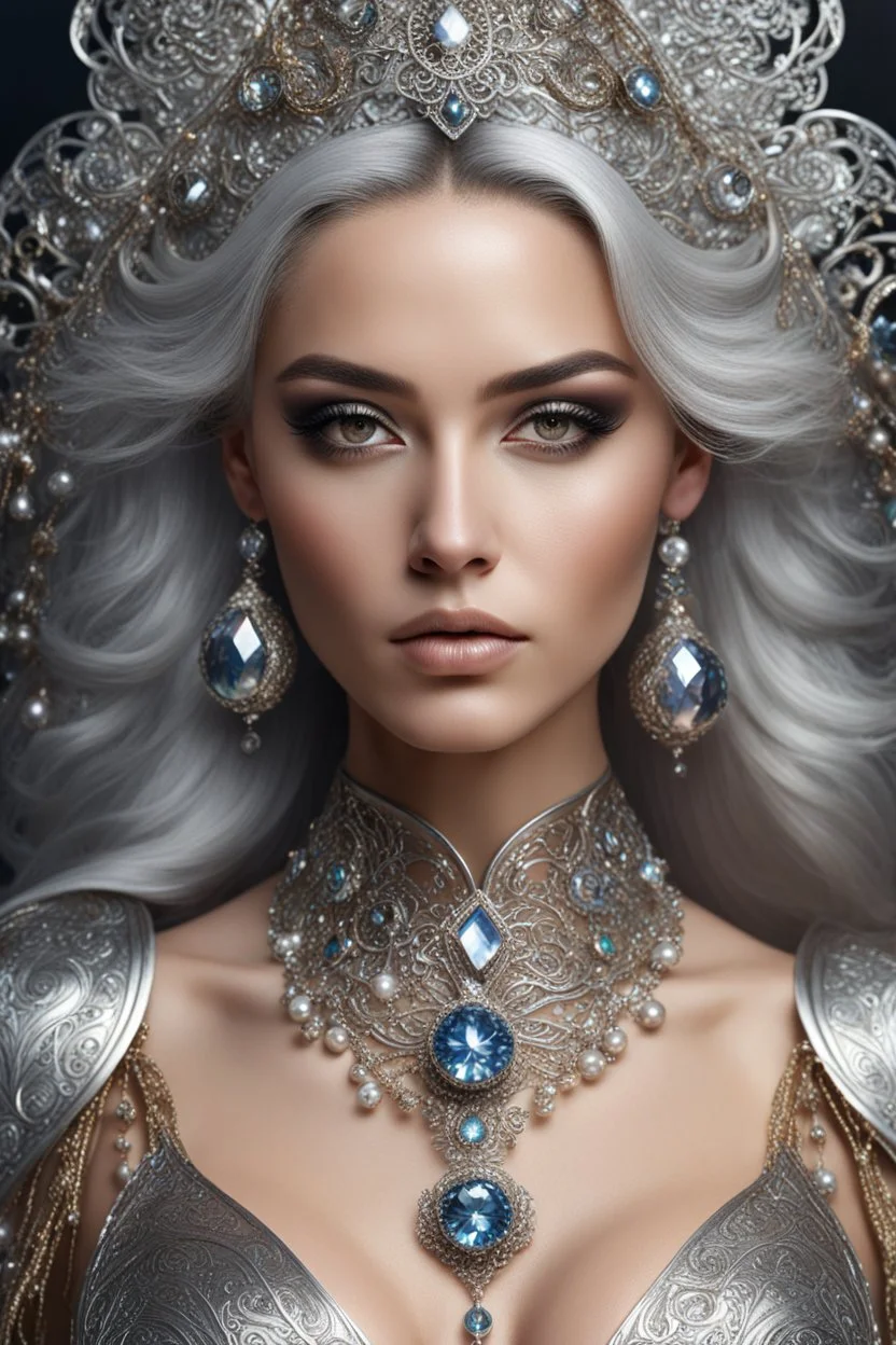 Fullbody photography ultra realistic portrait natural beauty of young woman, beautiful, shiny hard eyes, make up, shiny baubles, ornate, large gemstones, shiny molten metalics, shiny wire filigree, silver hair, high definition, high res,establishing shot