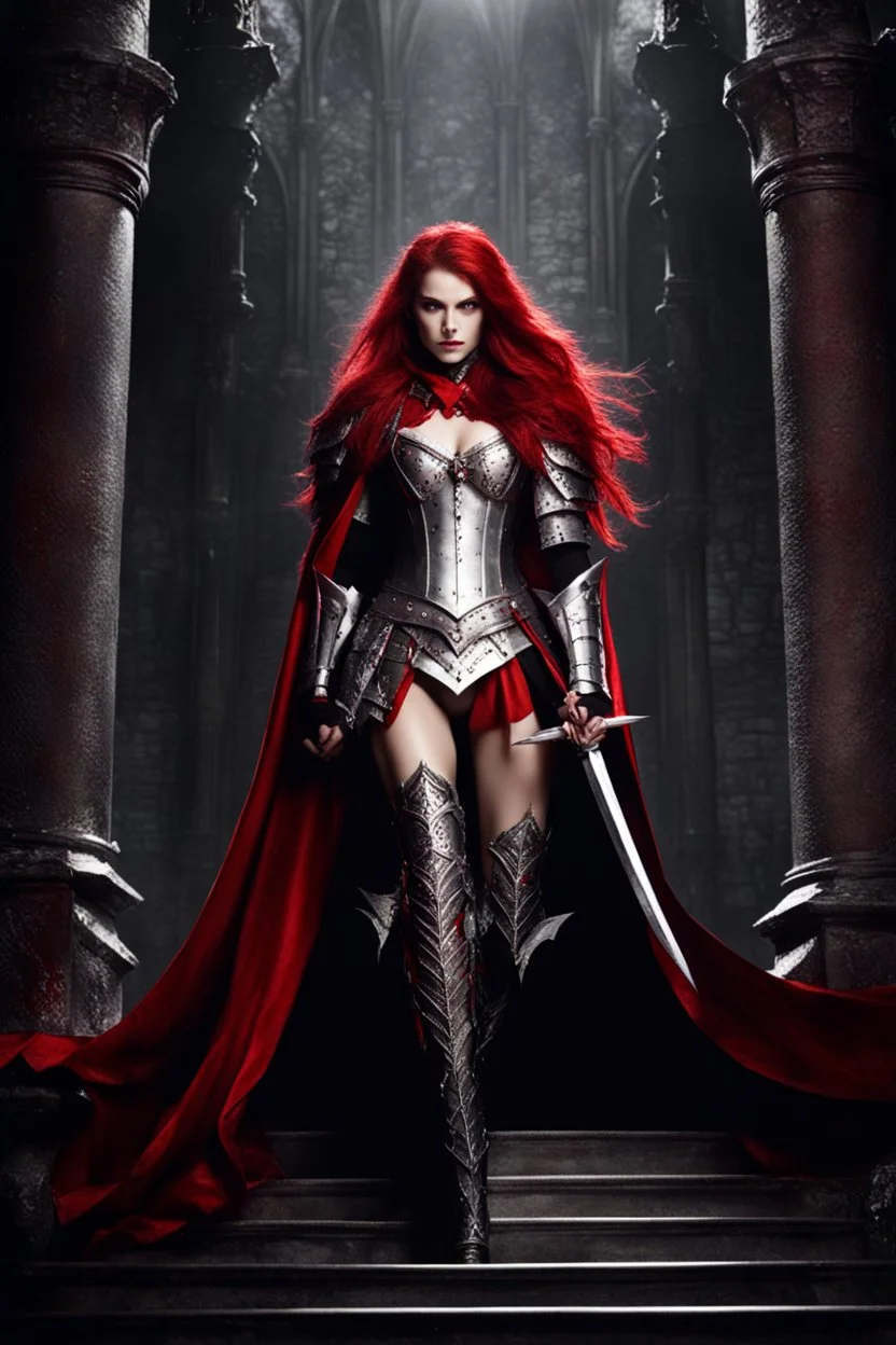 Horrible photograph Silver and red fantasy Beautiful Queen Vampire armour, with a red cape, with black and red spikes coming out the back and arms, glowing red eyes, long red hair pony tail coming out,at castle