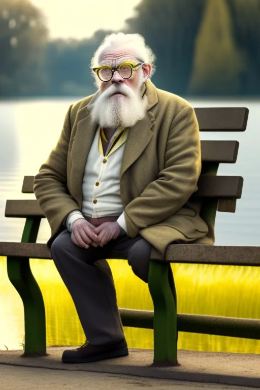 1000-year-old old English man, wise face ,glasses, cynical look, yellow mustache, eyes expressing wisdom, white beard, wrinkled cheeks, precise details, pants with slacks, sitting on a bench in the garden, in the background of a lake with swans, outdoor shot, cinematic, UHD. 20K, 300 DPI