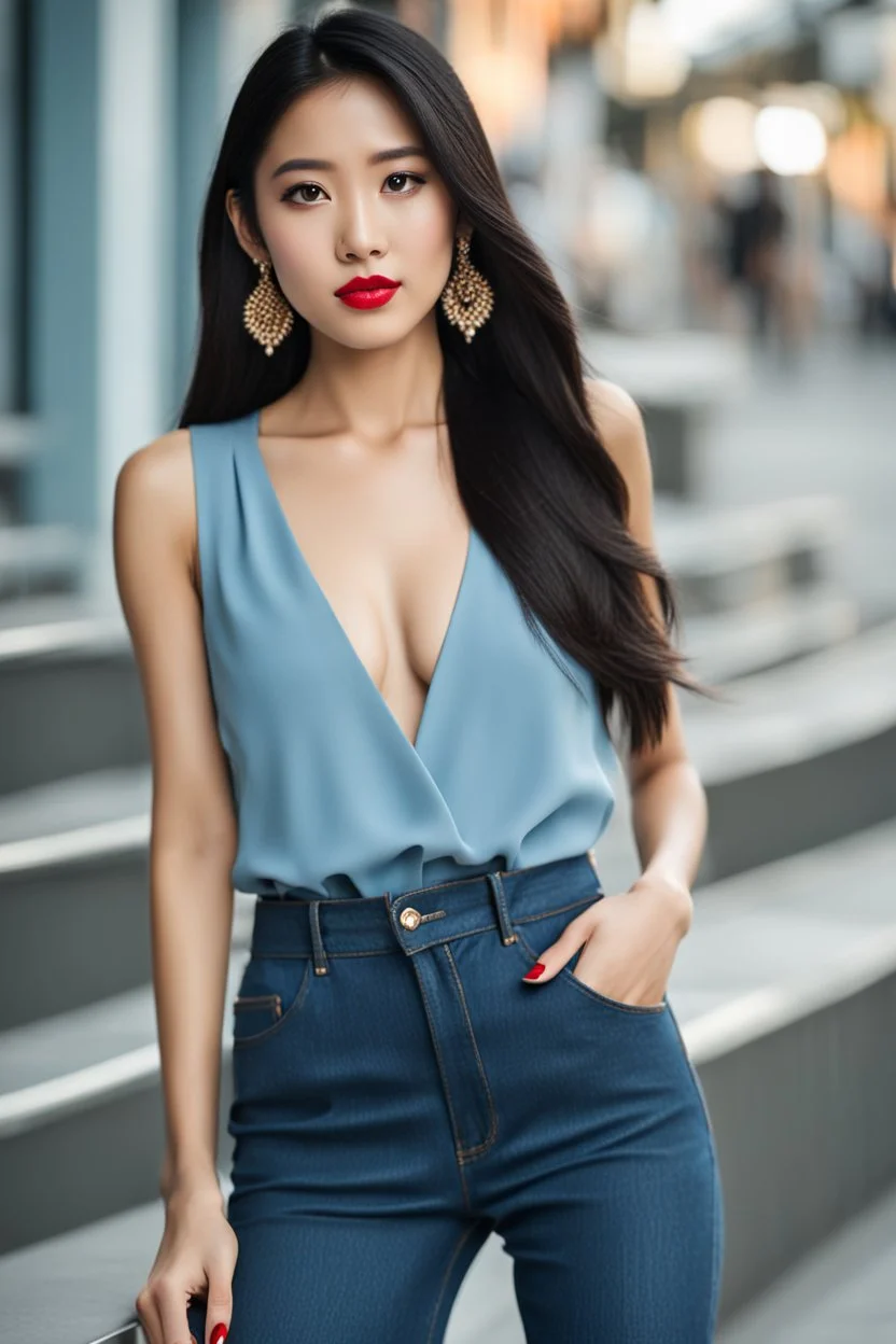 full body of a gorgeous Asian model in her 20's, slight smile, slender, large bust, with brown eyes, long straight black hair, red lips, small earrings in her ears, in a sleeveless, v-neck blue shirt, face is soft and detailed,pretty high heels,standing in street,fashion pose.