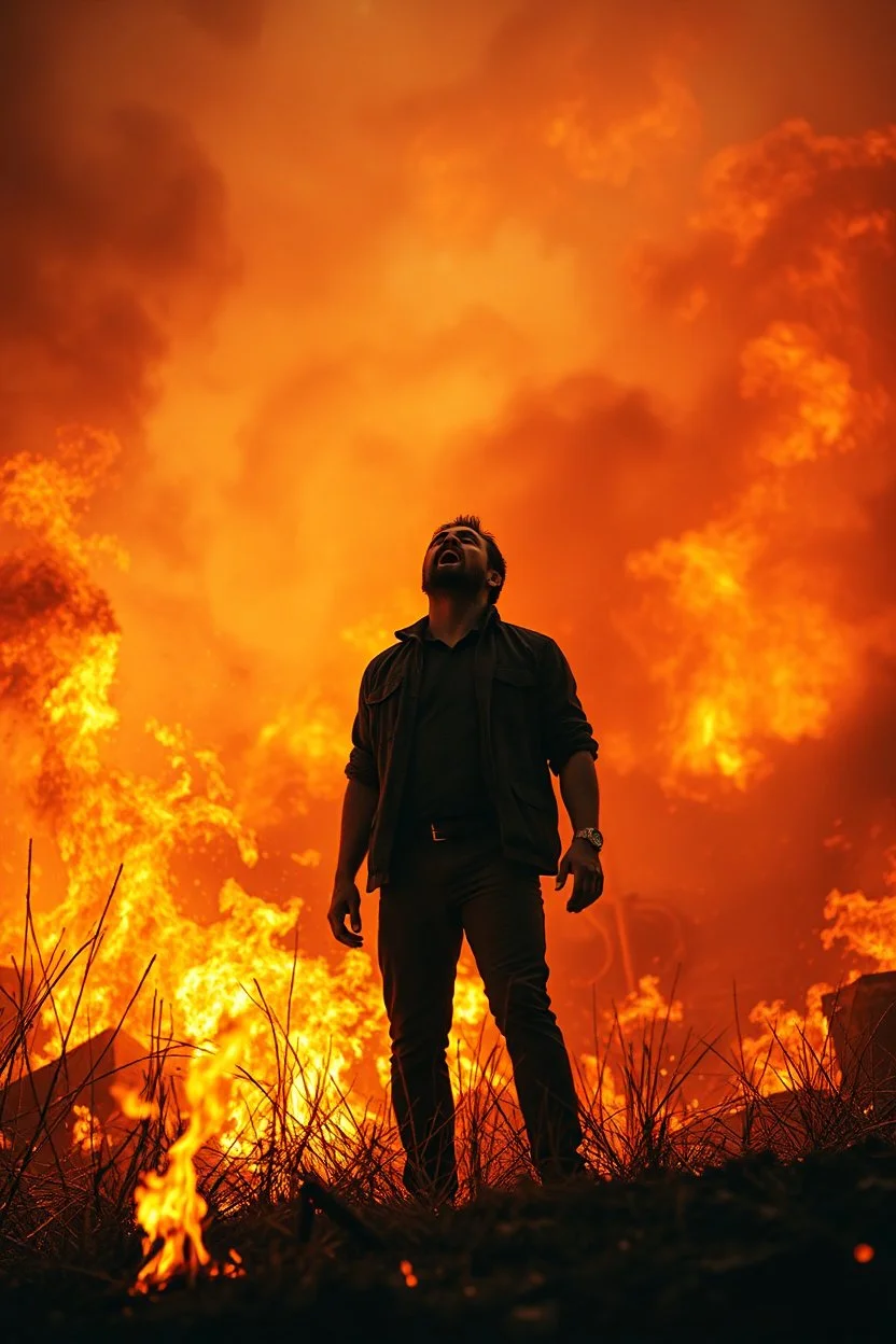 A man standing amidst a raging inferno, engulfed in a surreal atmosphere of chaos and despair, screaming towards the sky with raw emotion, surrounded by blazing flames and burning grass, cinematic lighting, intense orange and red tones, ultra-realistic, highly detailed, dramatic shadows, smoke and embers filling the air, powerful sense of destruction and emotion, 8K, masterpiece, volumetric lighting, photography by Emmanuel Lubezki, dark apocalyptic mood