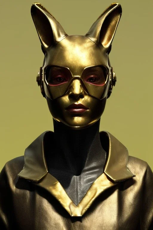 Medium Close Up Portrait, Front image. cyberpunk, rabbit mask, sweet woman, gold hair. Leather suit army. Yellow, red, white, color. Gucci style. Color background, photo studio. Avatar image, highly detailed, concept art, smooth, unreal engine 5, ray tracing, RTX, lumen lighting, ultra detail, volumetric lighting, 3d, finely drawn, high definition, high resolution.