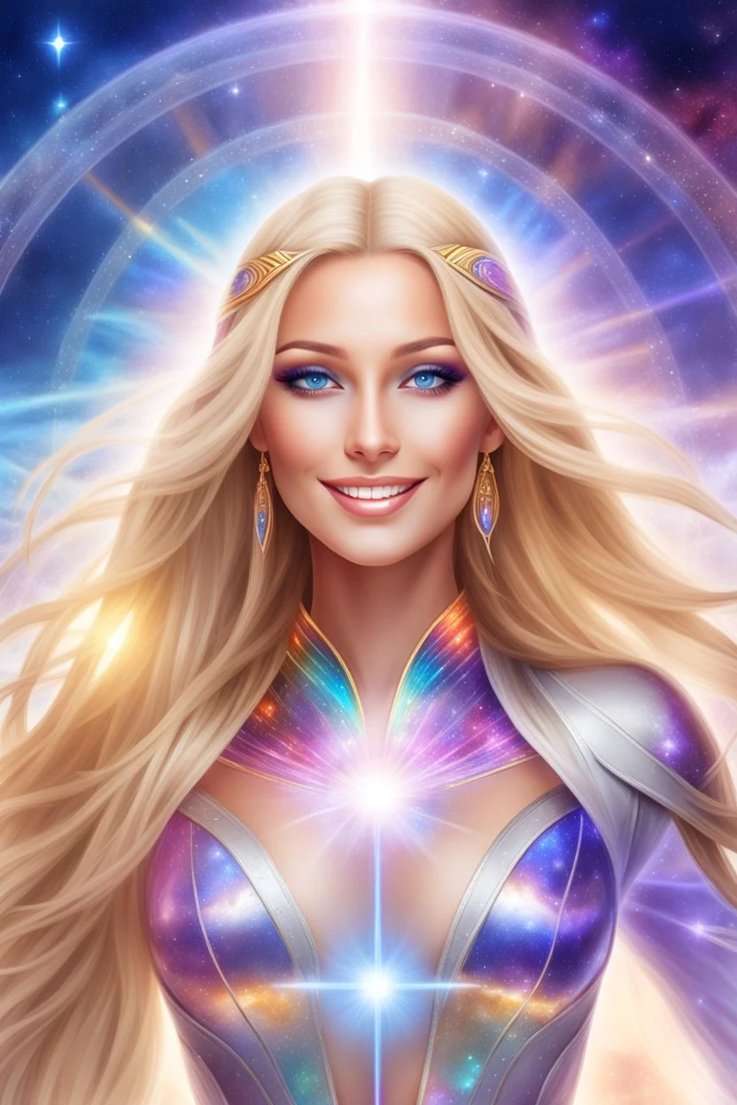 cosmic woman ,beautiful ufos rainbow, admiral from the future, galactic confédération, fine whole face, crystalline skin, expressive purple eyes,rainbow, smiling lips, very nice smile, costume pleiadian, Beautiful tall woman pleiadian Galactic commander, ship, perfect datailed golden galactic suit, high rank, long blond hair, hand whit five perfect detailed finger, amazing big puple eyes, smilling mouth, high définition lips, cosmic happiness, bright colors, blue, pink, gold, jewels, realist,