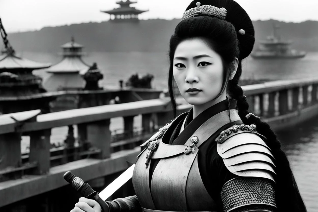 [on the bridge of the Potemkin] Onna bugeisha woman in armour with a katana on japanese battleship: Surreal... a psychological thriller... ... mix in a little World War II... sure... surreal events in an occupied town... man sees ancient soldier hiding in abandoned home... "Twilight Zone." What's that? No! You didn't want any jungle queens! Now wait a minute. You can't breathe. Too hot in here. Gotta open your eyes! Your mouth! What? They're open? Impossible-- You can't breathe! What? Fly? You a