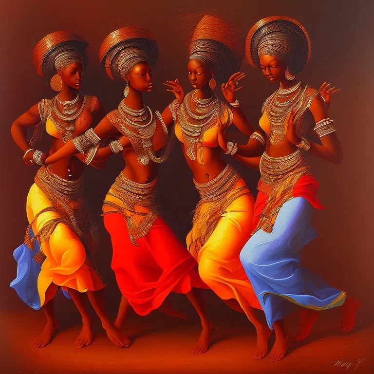 an abstract painting with figures of three African women dancing