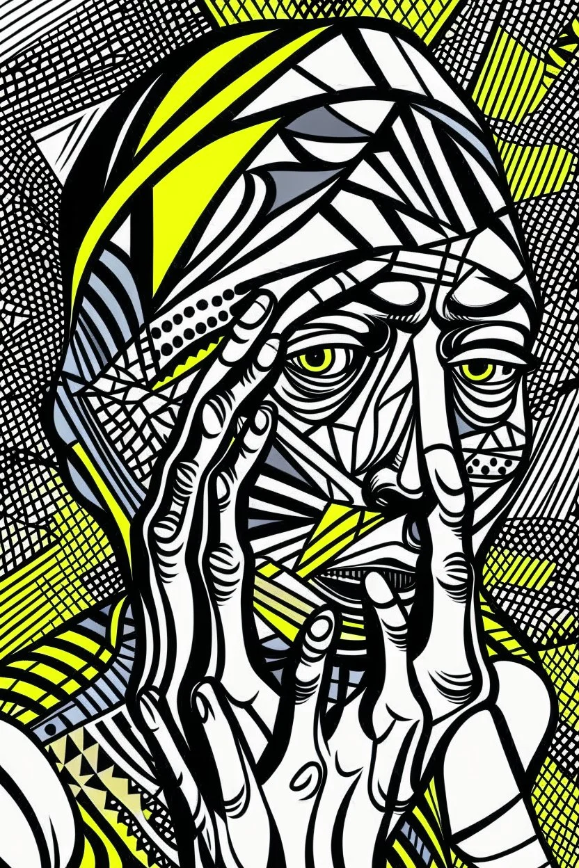 tribal man in grief with hands on face crazy shapes pencil draw style of roy lichtenstein