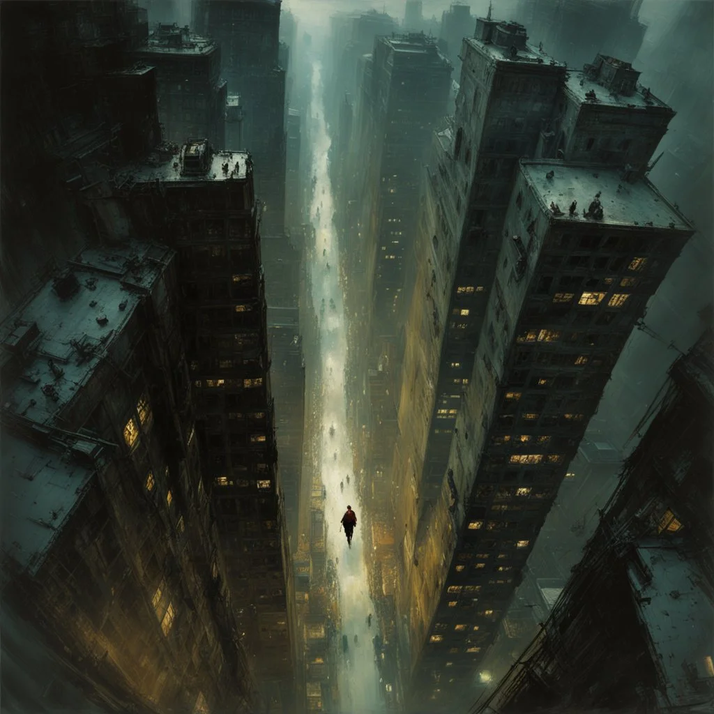 Point of View looking down representation of a fear of heights, Acrophobia, fish eye view, frightening dramatic, concept art, surrealist metaphorical art, frightening pictorial abstraction of a fear of heights, hyperrealism, color, by Jeremy Mann.