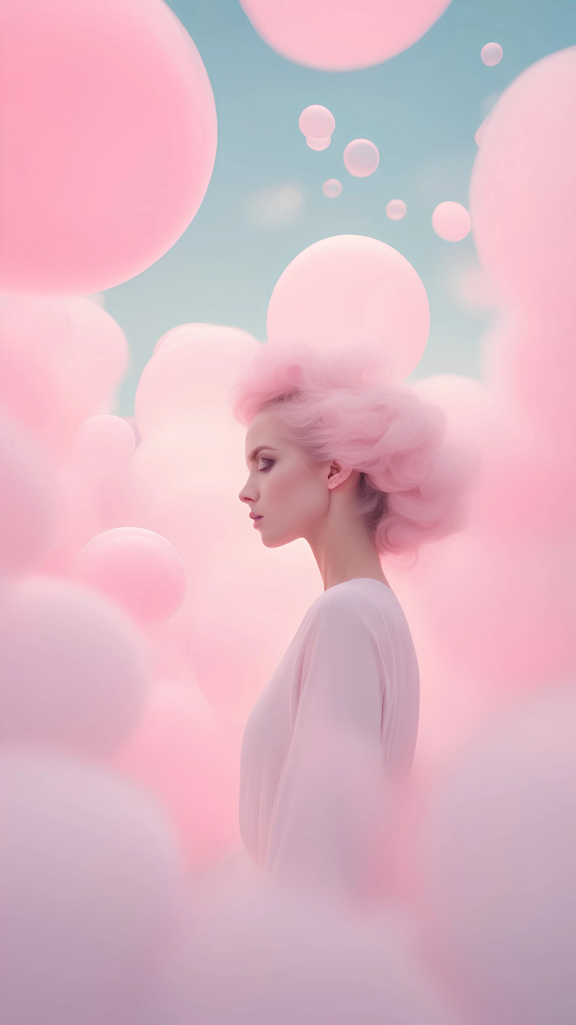 beautiful young woman, abstract cotton candy, bubble pinkish dreamland