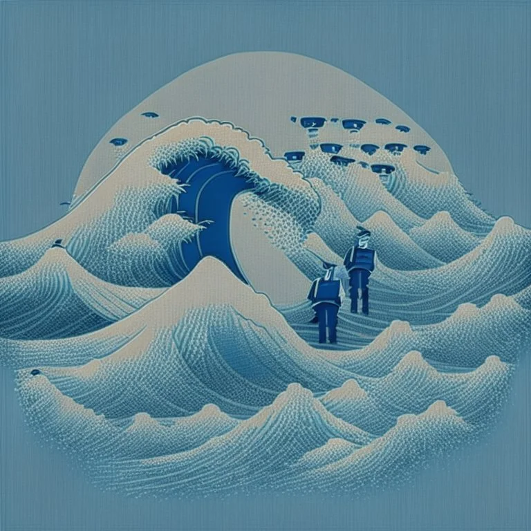 A minimalist design of a hoard of policemen in uniform with a badge on his chest in the style of Hokusai's The Great Wave off Kanagawa