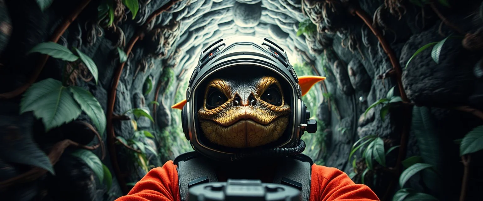 hyper sonic space warp through jungle tunnel crash pilot ,weird experiment gone wrong perspective close up portrait of dj shrimp beaver spider smug snake gringo gremlin pilot looking down on cam, with background in the style of escher and giger, a chill contrapunctus fugue in the style of fsol, beethoven, goa trance breaks, dancefloor drum and bass,