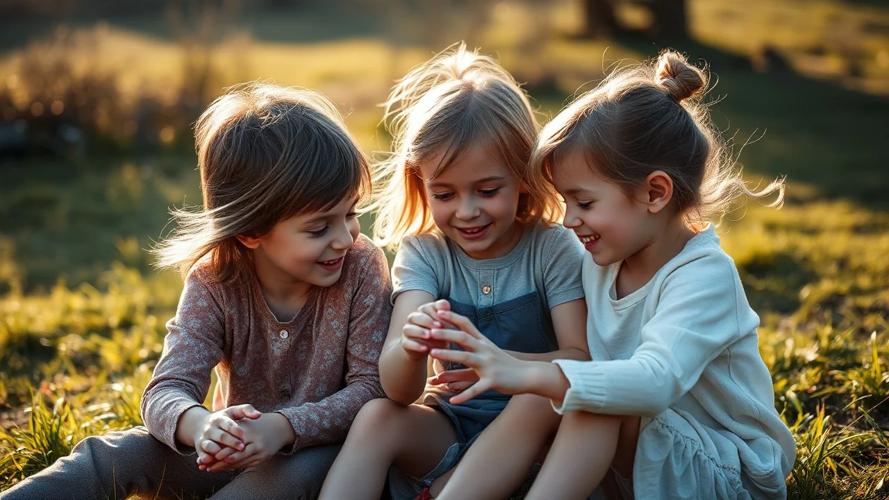 Nikon D850 with Nikkor 24-70mm f/2.8 lens at f/2.8: [Beautiful friendly telepathic young boys and girls playing together with finesse, devotion, and serendipity as best friends], [soft natural volumetric cinematic light catches their movements with chiaroscuro effects], creating [a sense of magic and fantasy]. High-angle perspective, focus on close foreground detail, exquisite composition with beautiful intricate details, 16k artistic photography style, photorealistic concept art