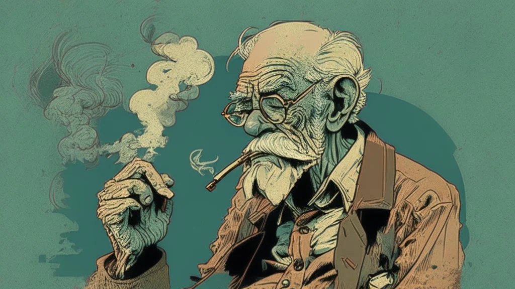 Old man smoking comic style