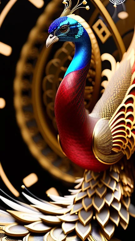 huge red gold black peacock, with clockwork gear on its back, symmetric, mandala, hyper realistic, futuristic, unreal engine5, octane render, 3D rendering, white background, digital art, in the style of Android Jones, mechanism, engine parts, vivid colours, side light, 16k