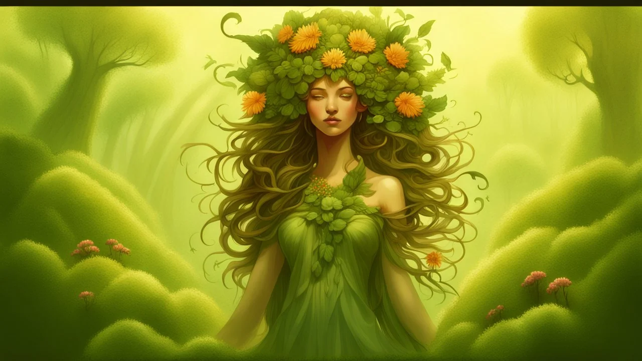 Fantasy digital illustration: a goddess of nature. Her body is covered in lush flora and trees; clusters of flowers adorn her grassy hair similar to a headdress. Her entire body appears to be made of the land itself, with a flowing "dress" made of plants and flora.