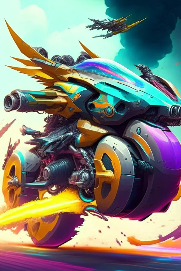 A combination of ultra-advanced car and crazy Max fighter, super sporty, with color and nano technology An advanced motorcycle with four wheels and a turbo jet in the back with rockets and machine guns,At war with humans