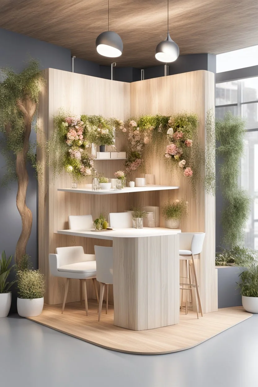 Corner exhibition stand in light colors with wood elements and floristry with two meeting areas