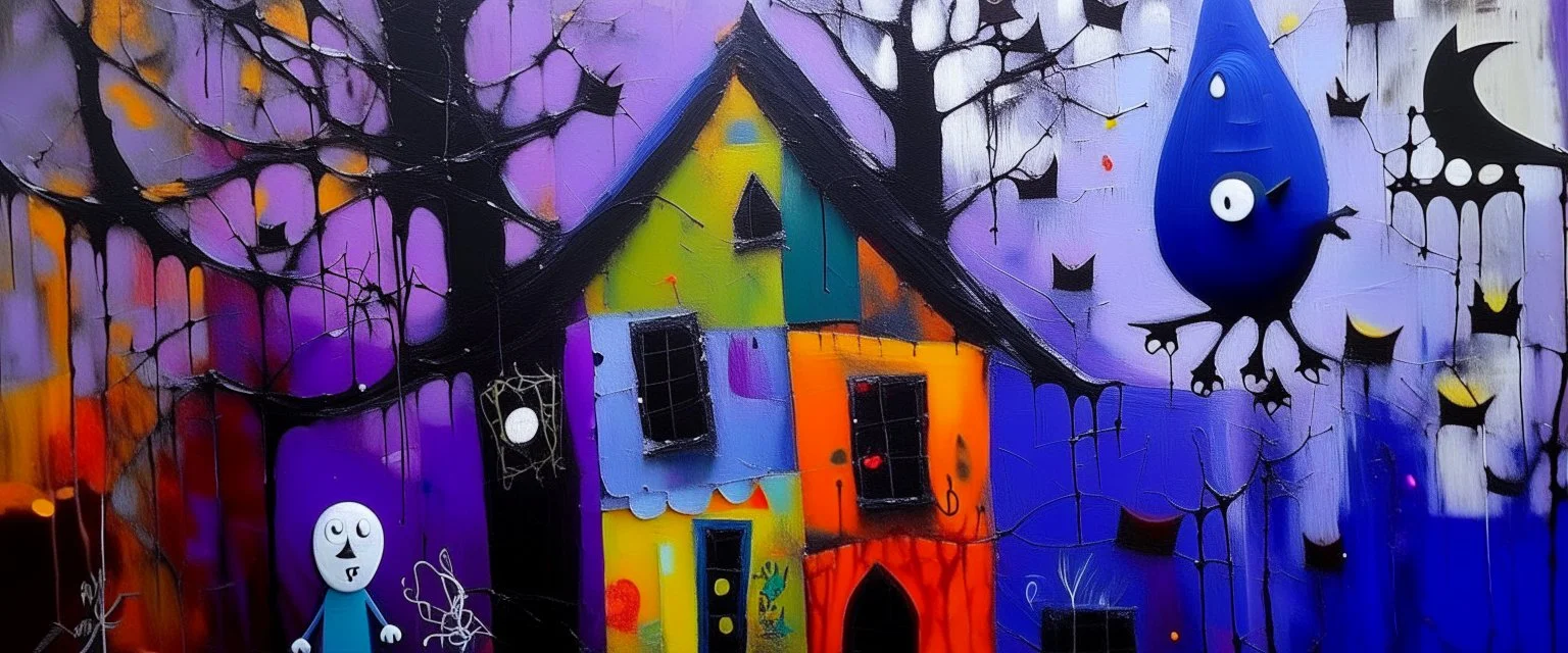 A purple Halloween themed haunted house painted by Joan Miro