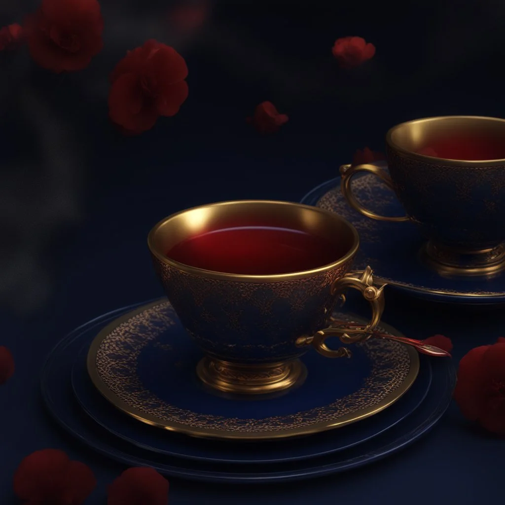 A midnight blue teacup with a gold rim and small red florets on a plate. Illustrative art, art interpretation, concept art, cgsociety contest winner, seasonal art, seasonal art HD, 4k, 8k, intricate, detailed, intricately detailed, luminous, translucent fantasy crystal, holographic data, soft body, shadow play, light, fog, atmospheric, cinematic, light film, hyper-detailed, hyper-realistic, masterpiece, atmospheric, high resolution, 8k, HDR, 500px, mysterious and artistic digital art, phototic,