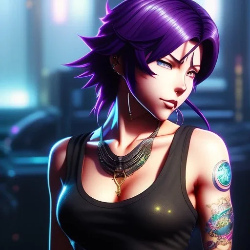 revy black lagoon, purple hair, black tank top, jean shorts, tribal sleeve left arm, portrait shinkai makoto, studio ghibli, studio key, madhouse anime studio, artgerm, lau rossdraws james jean marc simonetti pixiv