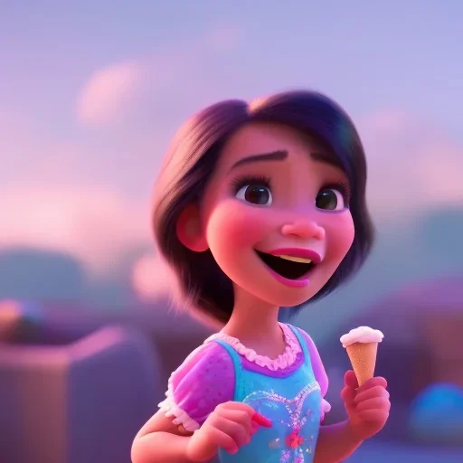 cute, adorable, smiling girl eating ice cream, candies flying all around her, Pixar, disney, cinema lighting, gaming, 8k, magic, love --q 1 --v 4