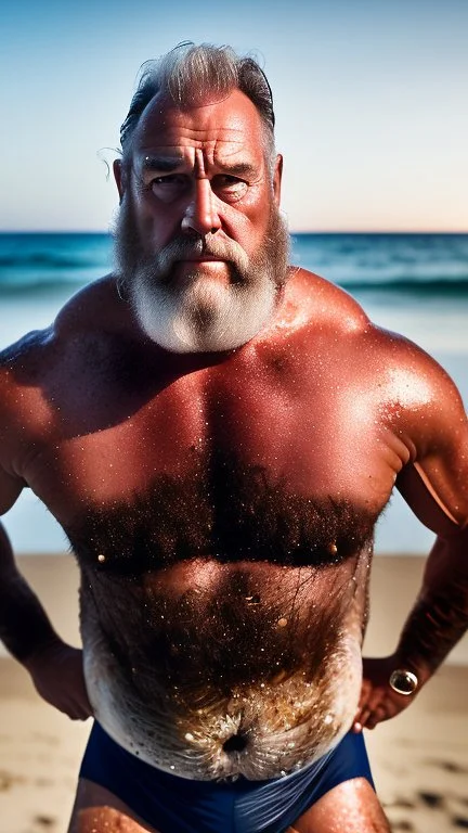 full figure shot photography of a ugly burly beefy serious sweat marocan baywatcher on the beach, at midnight, 55 year old man, relaxing , shirtless, manly chest, beard, curly hair , laying down on the sand, lit by bonfire, swimwear, bulge, bullneck, manly tights, sharp focus, studio photo, emotive eyes, intricate details, highly detailed, photorealistic, side top view