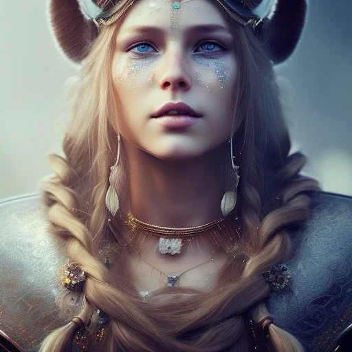 long haired viking, A detailed portrait of a beautiful woman, facial war paint detail, ambient detail, depth of field, crystalized complimentary colors, warrior, atmospheric, realistic, unreal engine, lighting, octane render, proportional,