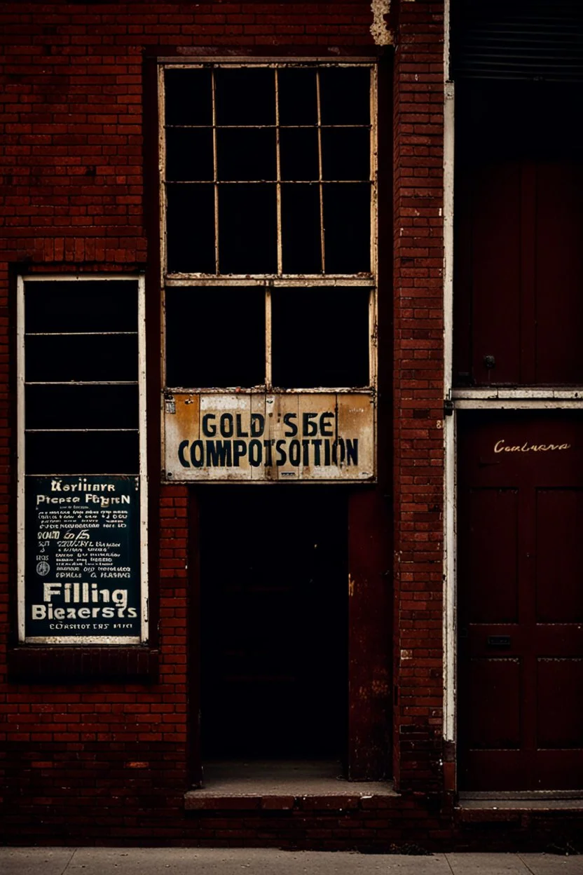 filling the composition is the side of an old brick building, with windows, a doorway at the bottom, and worn out painted sign across the top