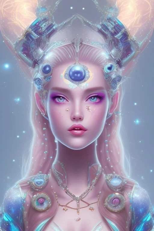 cosmic girl belle fine, grand front cosmique, peau bleu cristalline, yeux bleu, perle sur le front long cheveux blond et rose etoilé cristaux sur le corps, collier de grande princesse, levres souriante, très jolie sourire