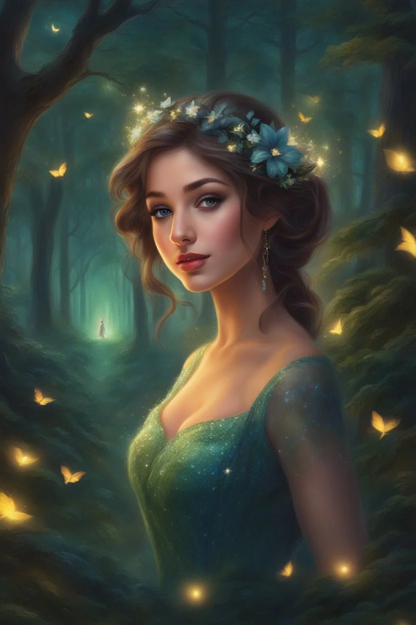 Painting of a dream girl in a fantasy forest, glitters in the forest background, haunted forest, digital painting, inspired by thomas kinkade, fantasy painting, dancing girl, song, fantasy art, fantasy girl, beautiful girl, beautiful face, young girl, beautiful painting, forest In the background, dark night, glitter in the background, fantasy forest, high quality, 4k