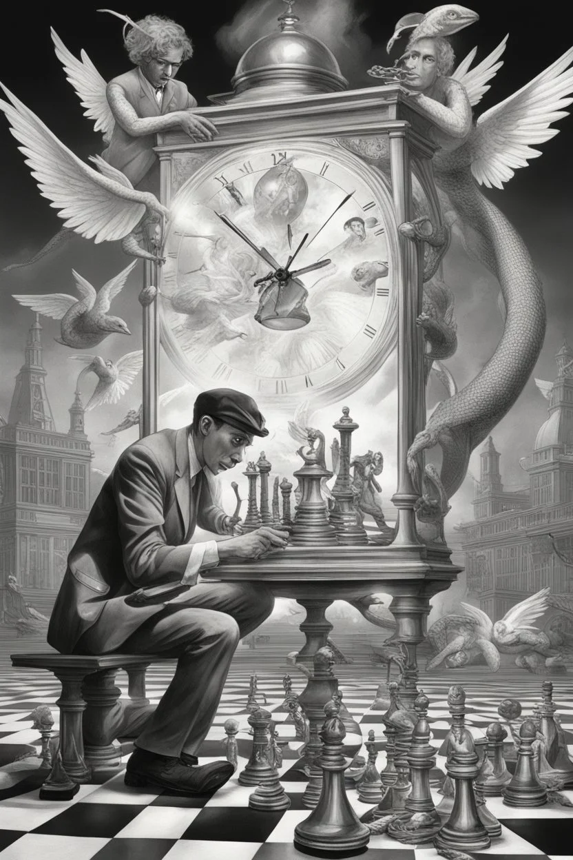 news paper journalist harlequin playing burning chess reptiles on racing field with twisted ladders in a confused look on his face in front of a huge glass prism clock with angels, in the style of Escher