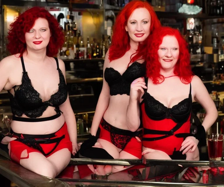 a photograph two red hair women in black and red lingerie on a bar