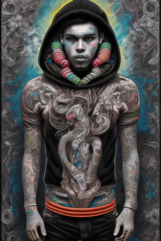 Cool black rapper with all the jewelery and tattoos, hoody and scateboard. Surrounded by an abstract backstreet graffiti vibe