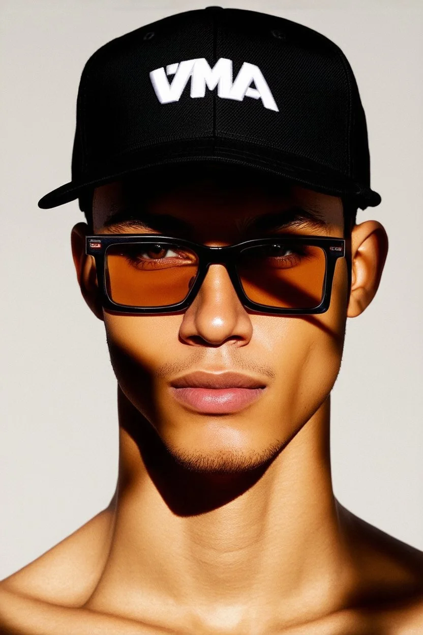 Male face oval shape, soft, smooth skin with warm golden brown tone, with large, expressive brown eyes, shining with curiosity, wears square glasses with smooth edges. Short sleek black hairstyle, partially covered with black baseball cap with a slightly curved brim, with the letters VMA in the middle in white, worn at a small angle, creating a shadow on the forehead and mask covering the nose and mouth , with delicate folds at the edges, creating the impression of a soft smile, and feeling of j