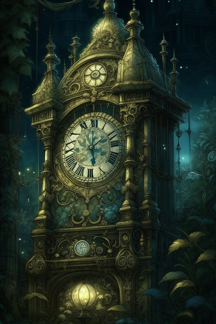 antique carved clock close-up on a stone tower covered with ivy and roses against the background of a night-time fairy-tale city, magic, magical lighting effect, illustration to a fairy tale, multilayer watercolor, fireflies, fine drawing of details with pencils, realistic, digital art, colors grey, emerald, umbra, beige, gold