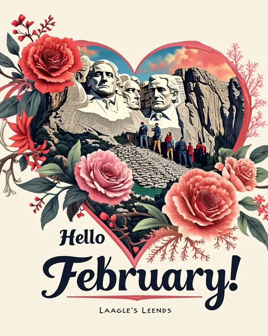 1:1 ratio A highly detailed Image in the style of Art Nouveau, of tastefully painted hearts and flowers in shades of reds, pinks, corals and ivory, add a superimposed transparent image of the president's on Mount Rushmore in the corner. Image is edge to edge, no frame. Bold script text "Hello February!" , wide-angle shot, vibrant color grading, shallow depth of field, adventure, league of legends style concept art