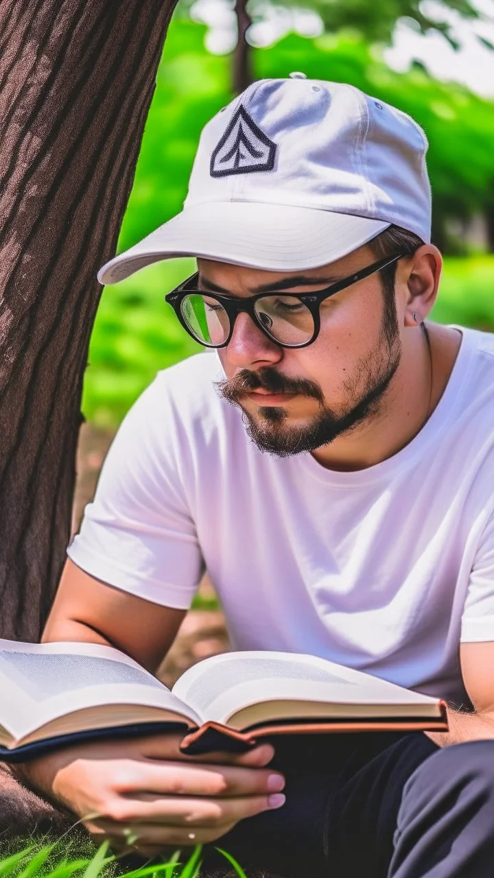 A man wears a white Dad Hat and wears glasses and is busy reading with a tree behind him, high resolution, and the image focuses on the Dad Hat