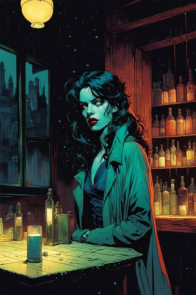 create a hardened, vampire girl in a seedy Soho bar, in the comic book art style of Mike Mignola, Bill Sienkiewicz and Jean Giraud Moebius, , highly detailed,, grainy, gritty textures, , dramatic natural lighting