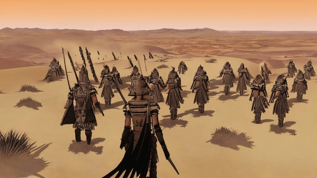 desert, highly detailed, comic style warriors from behind, in the background far away a city