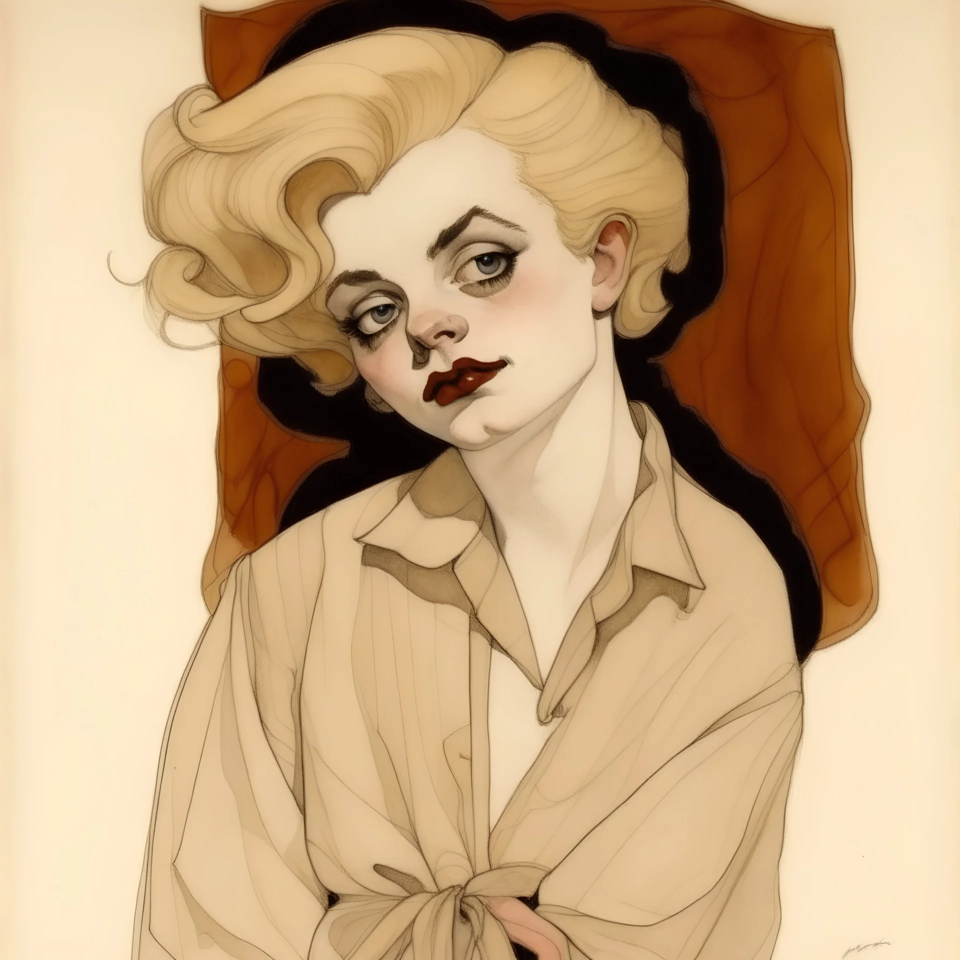 A girl who looks like jean harlow and marilyn monroe, in the style of egon Schiele