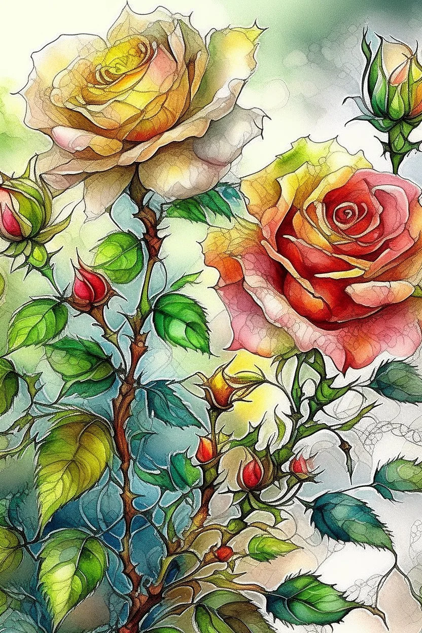 sketch, delicate drawing, watercolor painting, beautiful landscape, a branch of lush non-pink lace roses with buds, many large and small flowers, buds, different shades of color, pixel graphics, many details, sensuality, realism, high quality, decoration, hyperdetalization, professionally, filigree, hyperrealism, backlight, contrast, fantastic, fabulous, unreal, translucent, luminous, clear lines, light green, bluish background at the top, white edges