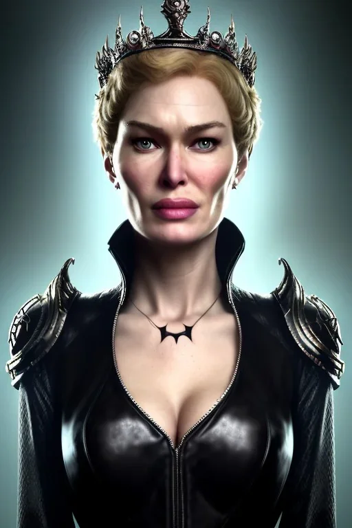 Cersei Lannister as evil queen in black leather coat, busty, cleavage, voluptuous, lena headay, angry, stern look. character design by cory loftis, fenghua zhong, ryohei hase, ismail inceoglu and ruan jia. unreal engine 5, artistic lighting, highly detailed, photorealistic, fantasy