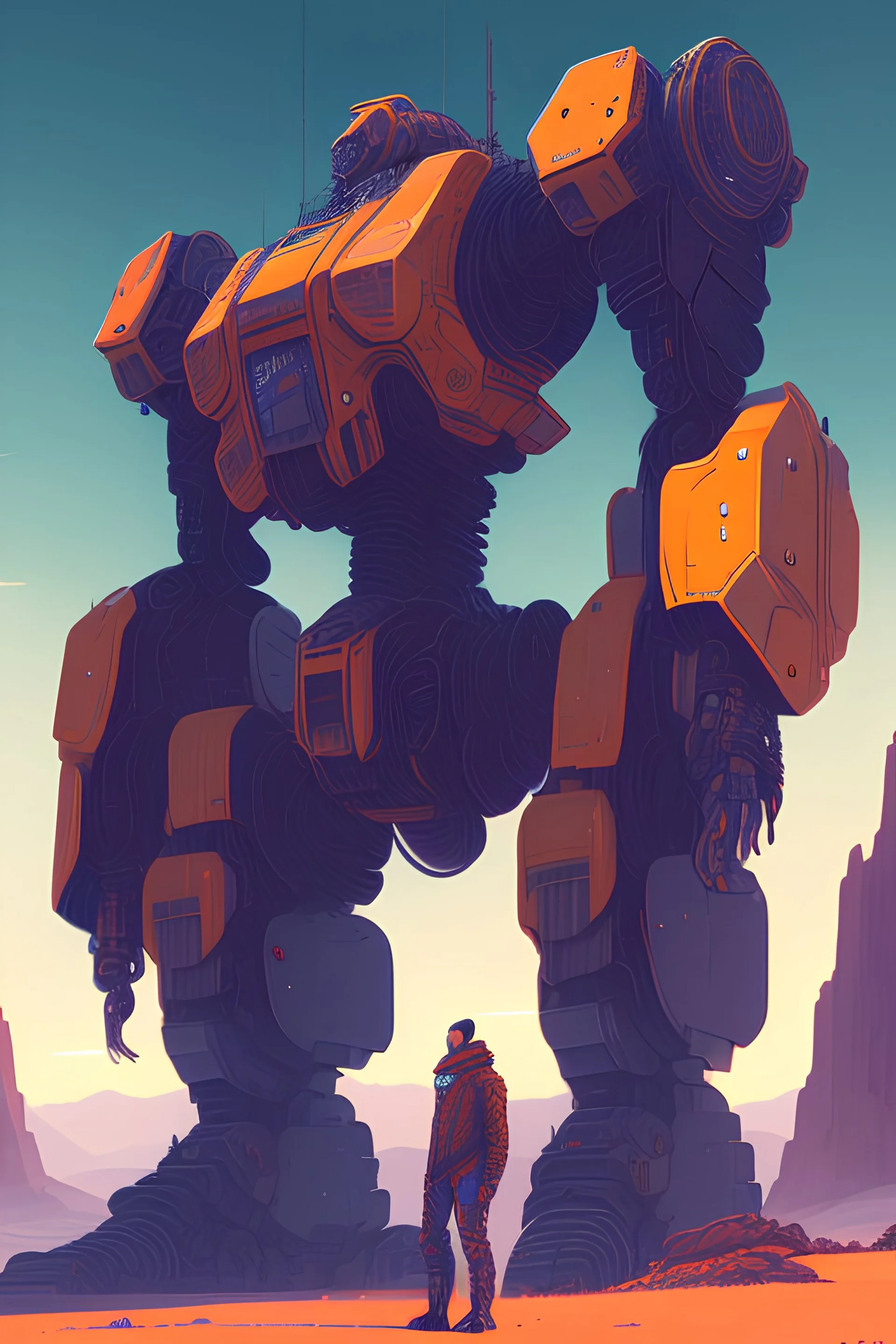 Huge Mech, landscape, mechanic, by Daniel Graffenberger, Irina French, Dan Mumford, and Vincent Di Fate, hyperdetailed, trending on Artstation, VRay, expansive, 8K resolution, subtractive lighting, romanticism, retrofuturism, manga, 8k, peaceful