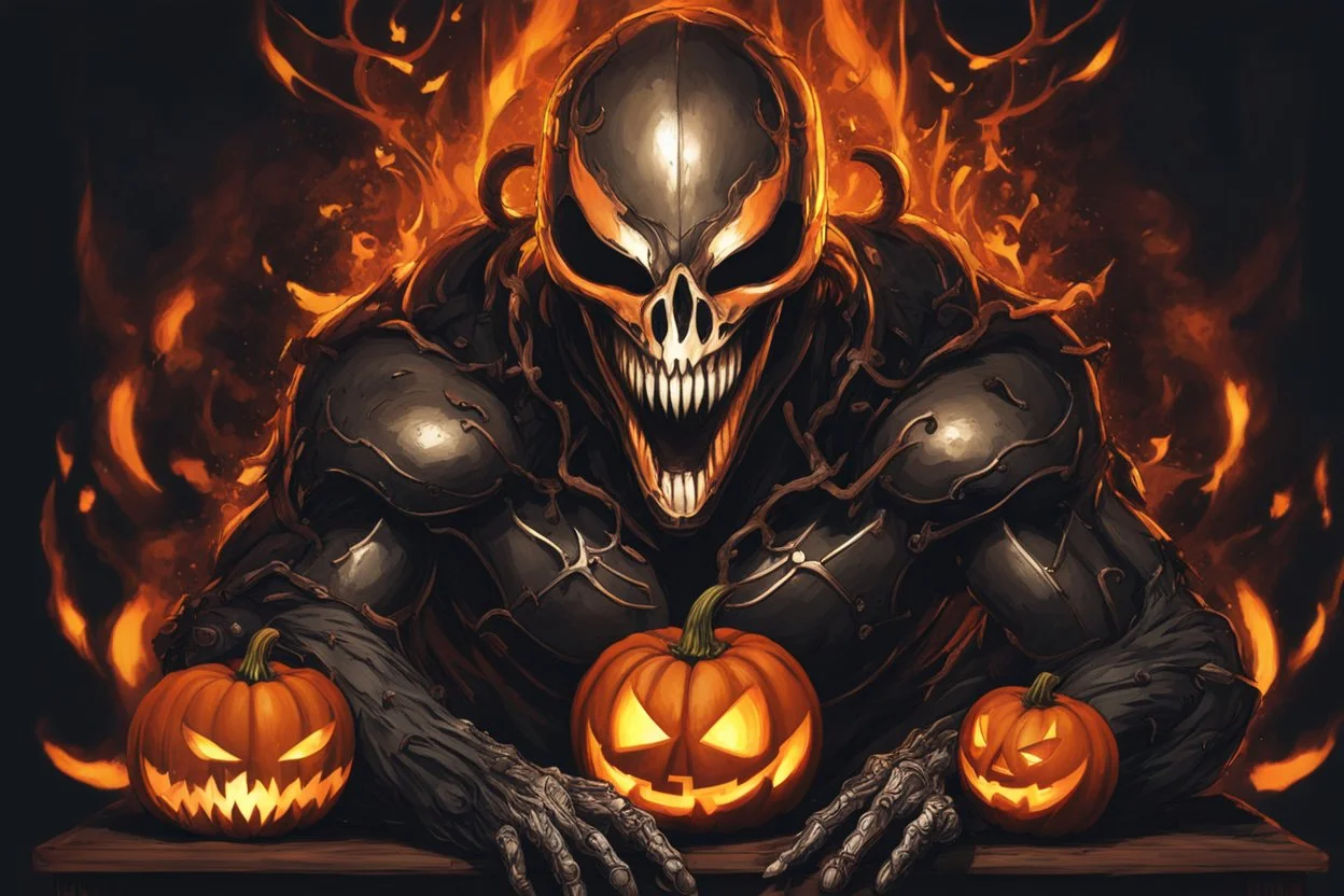 venom machine with fire pumpkin head in nier automata artstyle, halloween them, close picture, fantasy world, intricate details, highly detailed, high details, detailed portrait, masterpiece,ultra detailed, ultra quality