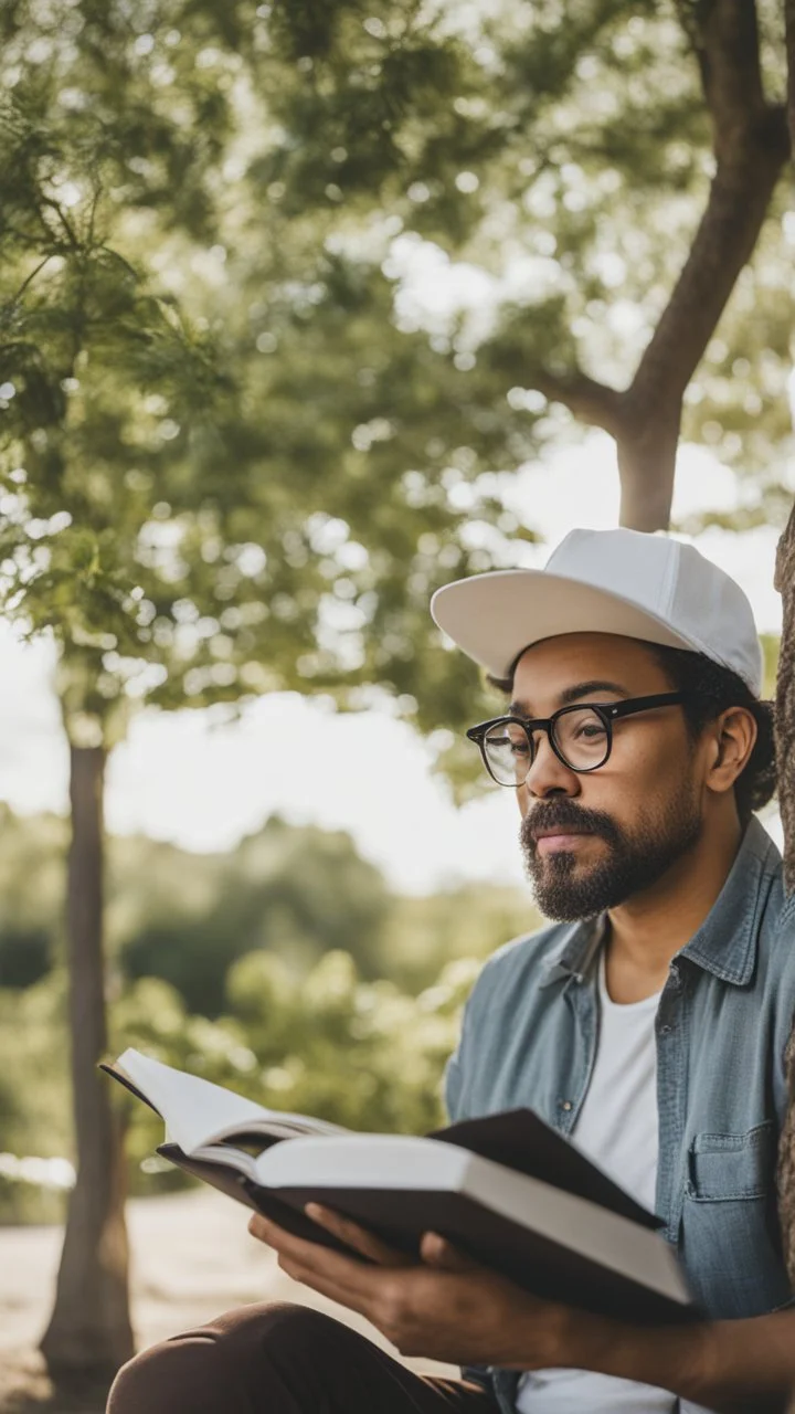 A man wears a white Dad Hat and wears glasses and is busy reading with a tree behind him, high resolution, and the image focuses on the Dad Hat