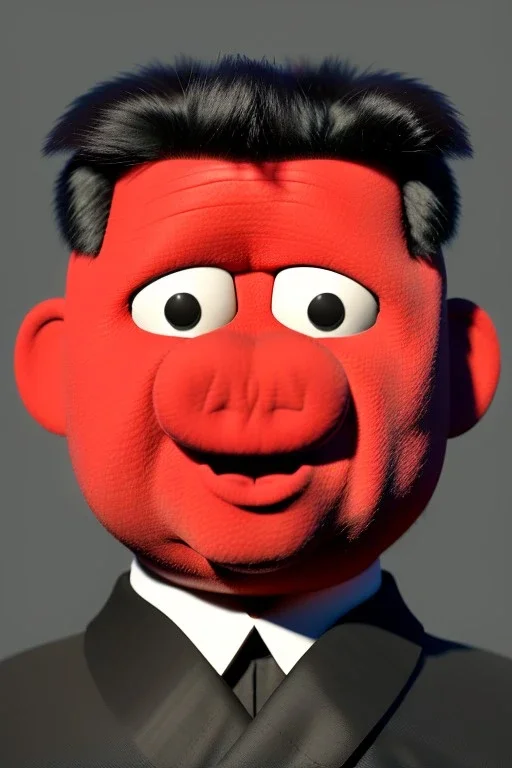 Waist up muppet Portrait, Kim Jong-un muppet doll, black suit, photo studio, red background, unreal engine 5, concept art, art station, god lights, ray tracing, RTX, lumen lighting, ultra detail, volumetric lighting, 3d.